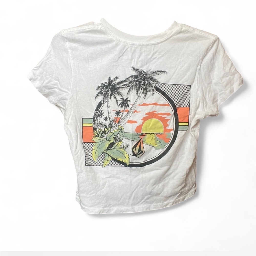 White Graphic Tee with Tropical Print